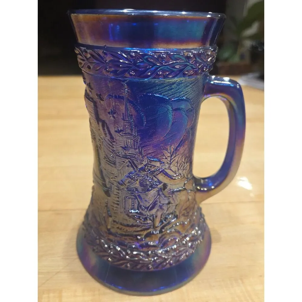 Vintage Fenton Blue Carnival Glass 1776 American Bicentennial Mug Stein